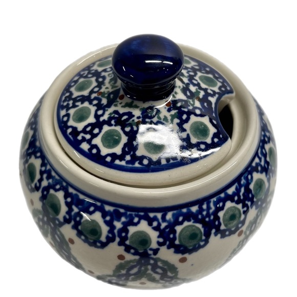 EUC Boleslawiec Polish Pottery Lidded Sugar Bowl-Blue Braided Chain Grn. 10 Oz. - Picture 9 of 9
